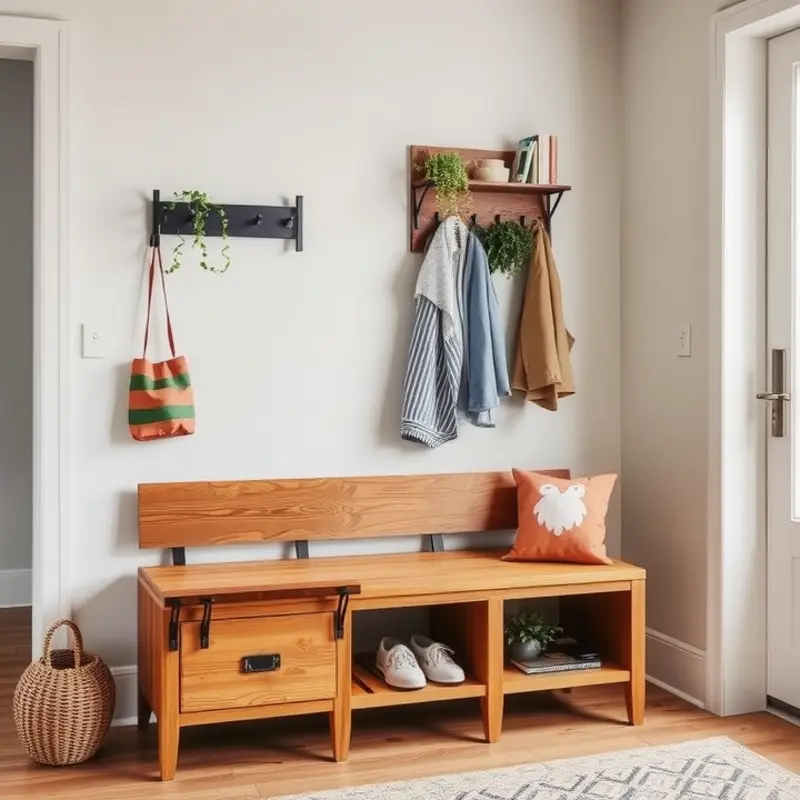 An inviting entryway with multifunctional storage and decorative elements.