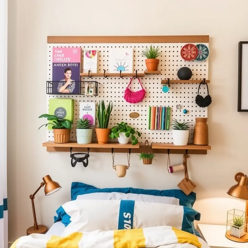 A vibrant pegboard bedside organizer with an array of items on display.