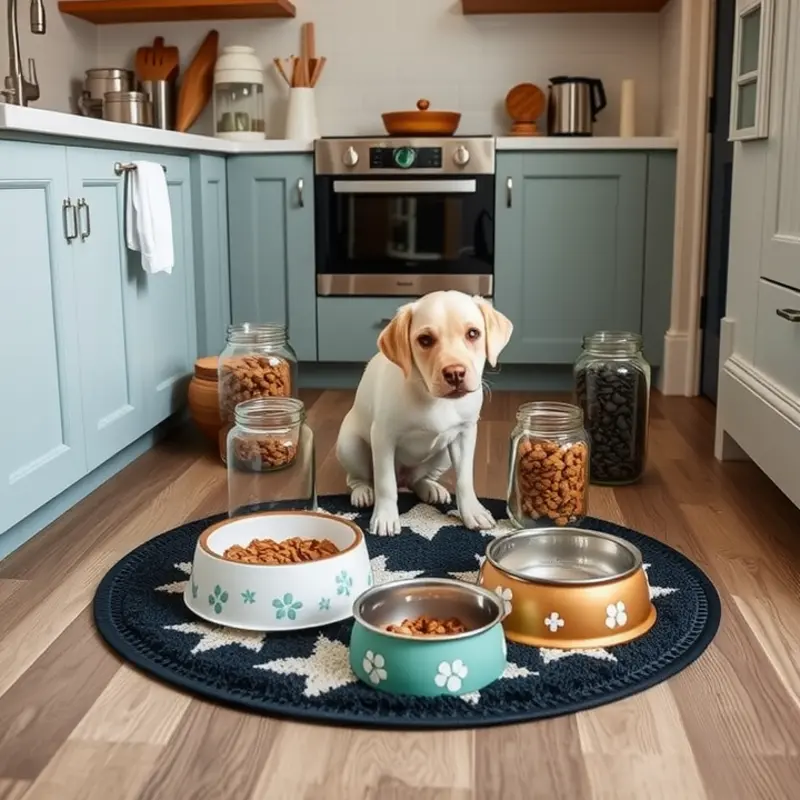 A designated pet feeding corner in an apartment, showcasing safety and style.