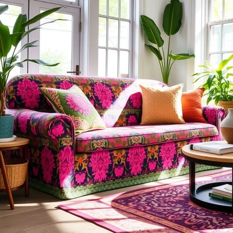 A vibrant living room with creatively painted furniture, offering a welcoming and personalized atmosphere.