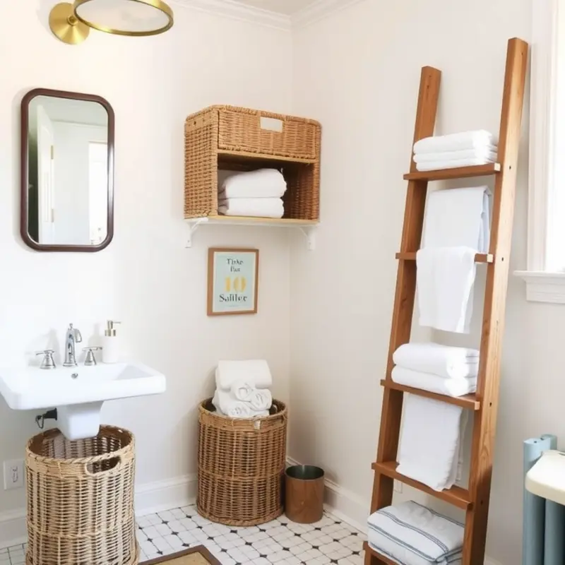 A revitalized rental bathroom with removable wall art and personal decor.