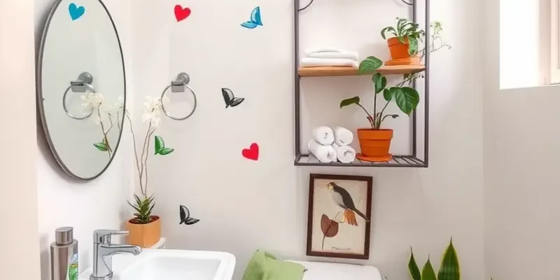 A colorful rental bathroom showcasing modern decor and organizational features.