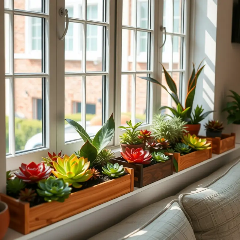 Charming succulent boxes brighten up this cozy window space.
