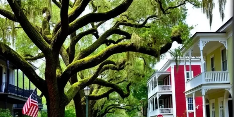 Sunset view of Savannah's riverfront with historic buildings.