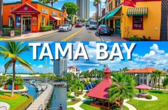 A picturesque sunset view of the Tampa Bay skyline with palm trees, illustrating a beautiful living environment.