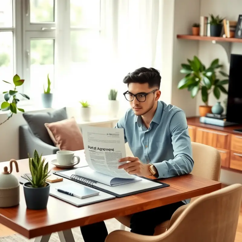 A young professional reviewing their rental agreement, emphasizing tenant awareness.