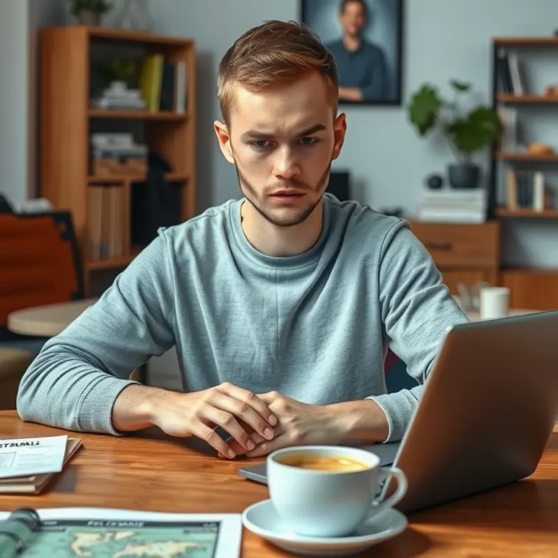 A young adult analyzing a suspiciously low-priced rental listing online.