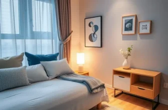 A peaceful apartment bedroom with warm lighting and a twilight city view.