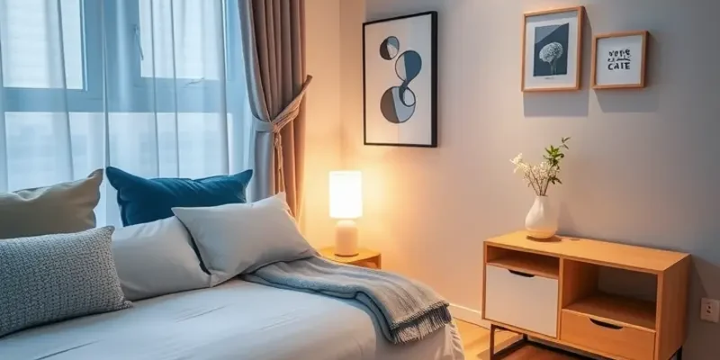 A peaceful apartment bedroom with warm lighting and a twilight city view.