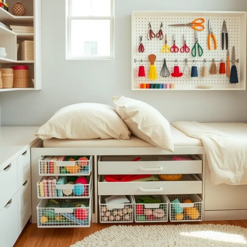 A neatly organized craft corner using clear storage solutions.