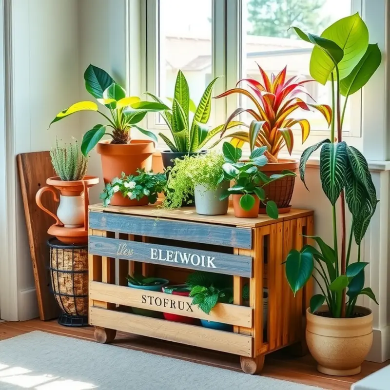 A beautifully crafted wooden plant stand displaying lush greenery.