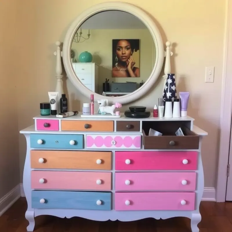 A chic minimalist vanity with floating shelves, perfect for renters.