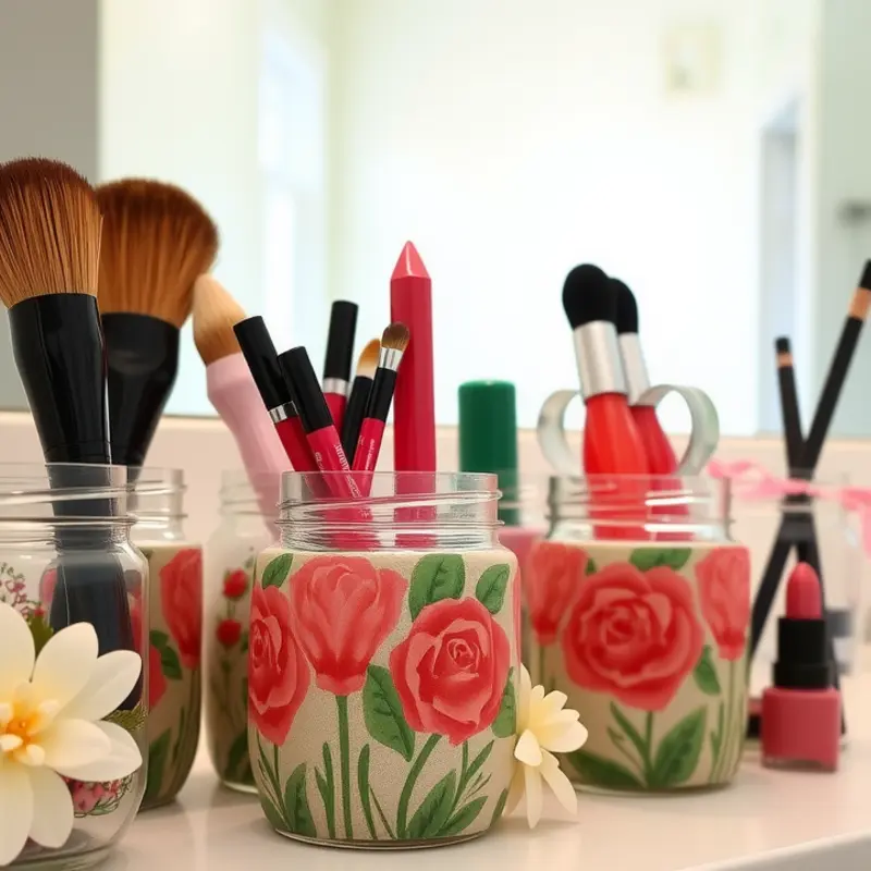Chic upcycled jars displaying various makeup products.