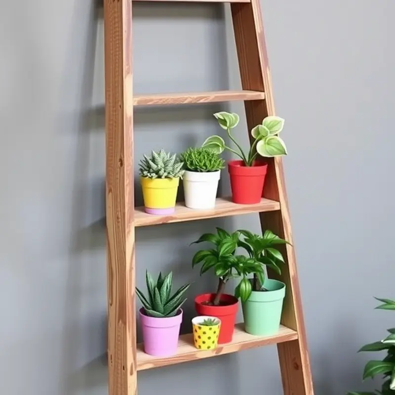 Stylish floating shelves planted with a variety of greenery.