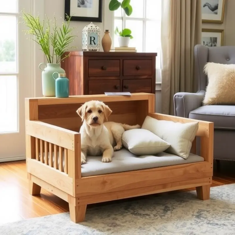 A comfortable no-sew pet bed in a stylish living room.