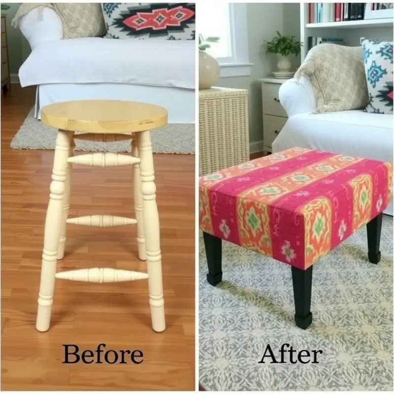 Before and after: An old stool transformed into a cozy ottoman.