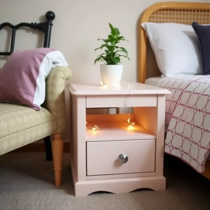 A charming thrifted nightstand creatively upcycled for a personal touch.