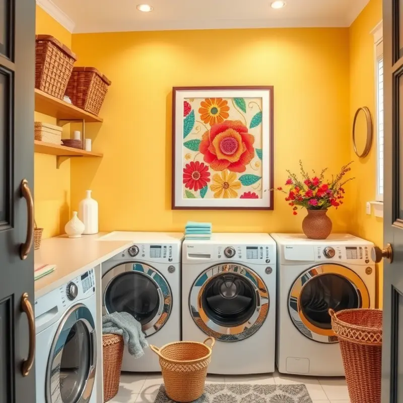 Revamped laundry space with upcycled wall art adds character and personality.