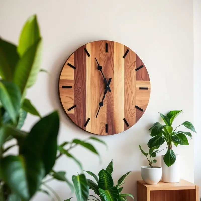 An upcycled wooden clock showcasing rustic charm and character.