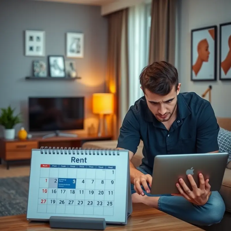 A young professional anxiously managing their rent payment responsibilities in a cozy apartment.