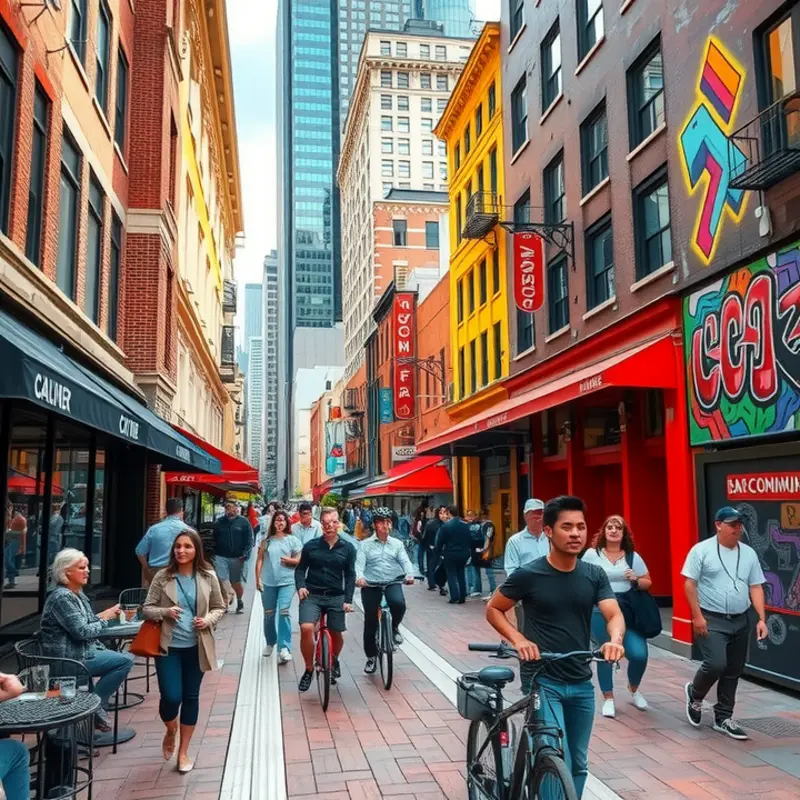 A vibrant urban street bustling with young professionals.