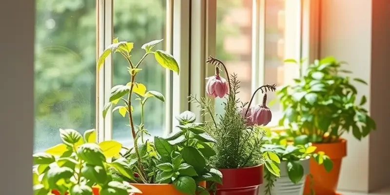 A vibrant rooftop garden overflowing with herbs and flowers against a blue sky.