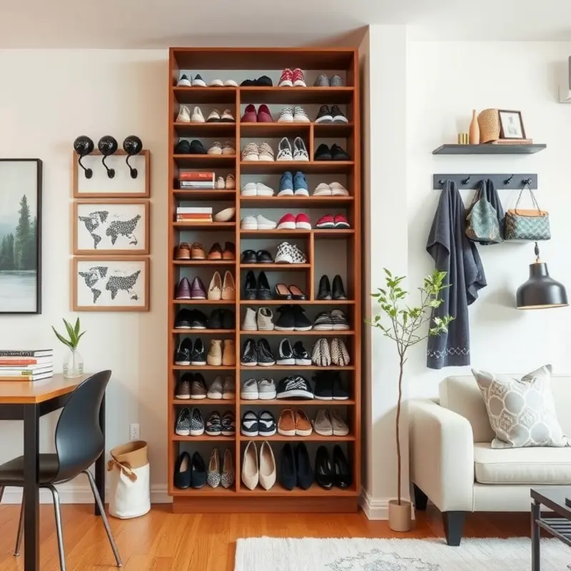 Cozy entryway with smart shoe storage solutions.