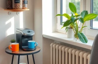 A lively coffee bar setup with a coffee maker and an array of colorful mugs and decorations.