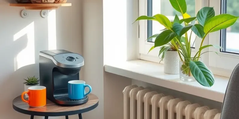 A lively coffee bar setup with a coffee maker and an array of colorful mugs and decorations.