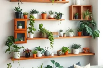 A living room filled with charming DIY plant shelves displaying lush greenery.