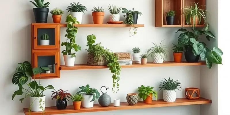 A living room filled with charming DIY plant shelves displaying lush greenery.