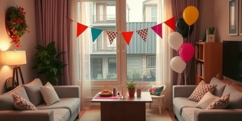 Family gathering in a lively apartment setting, with happy expressions and pets participating, emphasizing warmth and communal joy.
