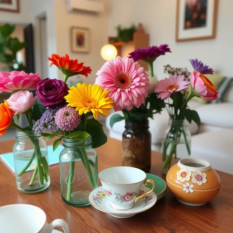 Personalized floral centerpieces in creative containers add charm to your space.