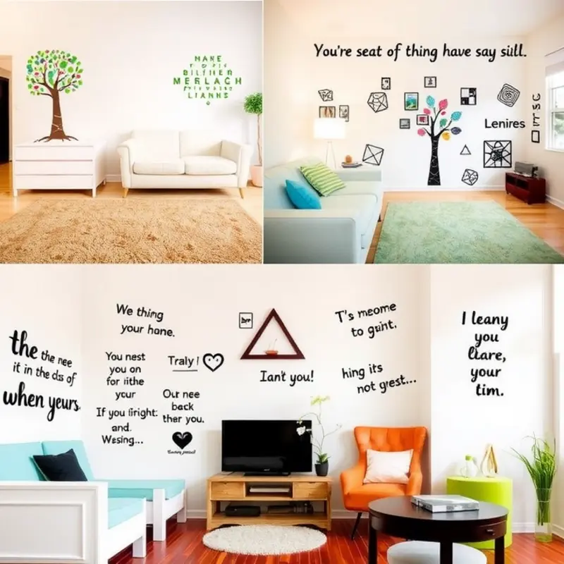 A diverse selection of wall decals in a cozy rental space.
