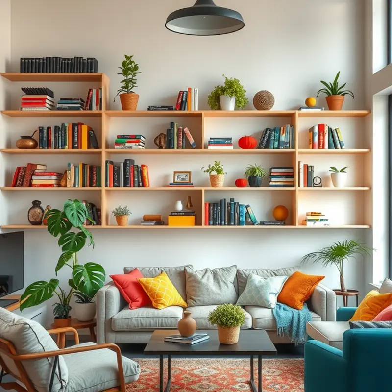 Eye-catching wall-mounted bookshelves add character and organization.