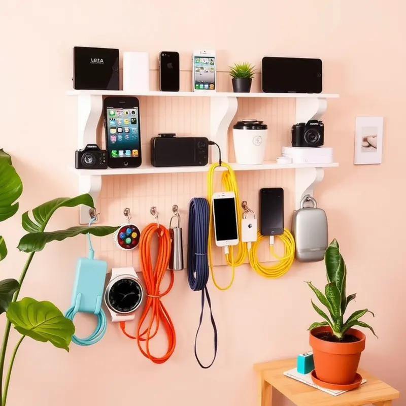 A chic wall-mounted charging station that keeps devices organized and adds style to a rental space.