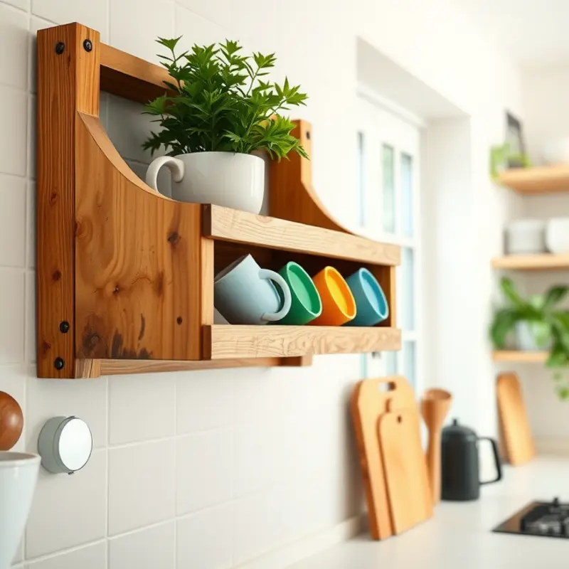 Rustic wall-mounted mug holder made from a wooden crate.