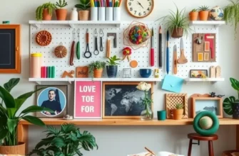 Collage of wall organization ideas featuring pegboards, mounted shelves, and hooks in a stylish apartment.