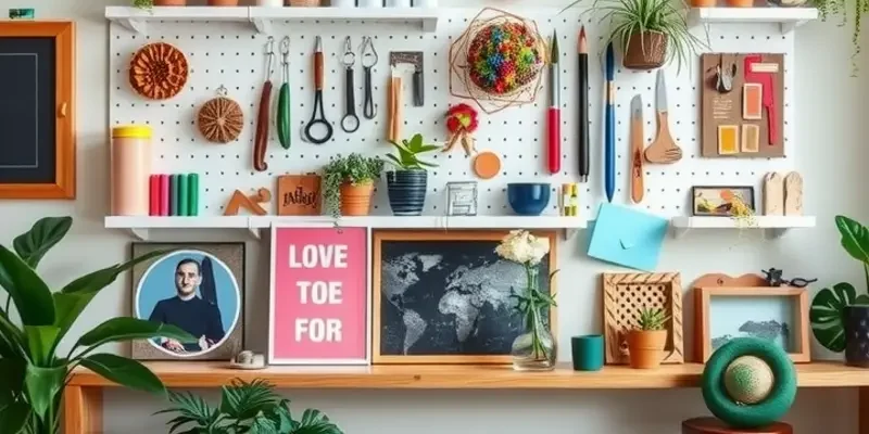Collage of wall organization ideas featuring pegboards, mounted shelves, and hooks in a stylish apartment.