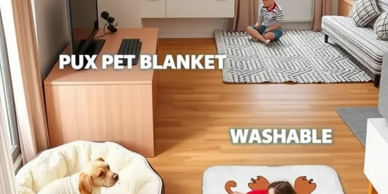 A warm living room in an apartment with different pet bedding options and children.