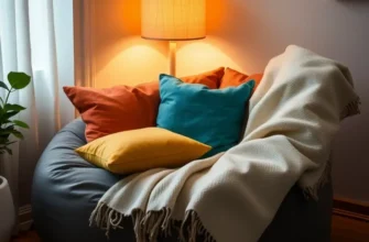 A cozy living room in an apartment with plants and soft lighting.