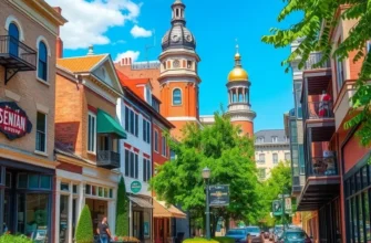 A vibrant and welcoming neighborhood in Columbus, Ohio, with kids playing, people enjoying outdoor cafés, and lush greenery.