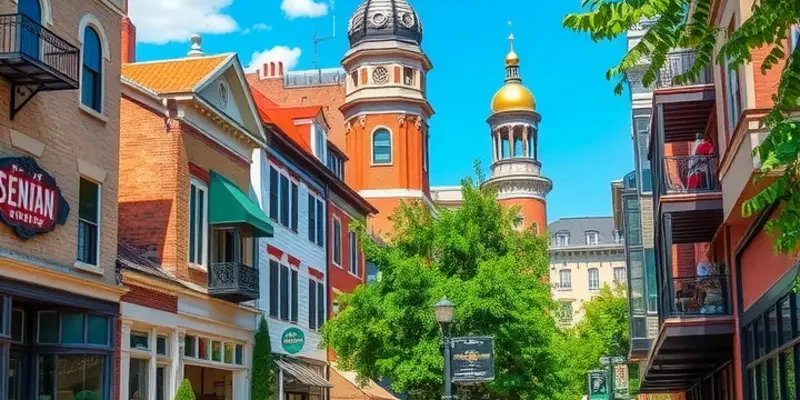 A vibrant and welcoming neighborhood in Columbus, Ohio, with kids playing, people enjoying outdoor cafés, and lush greenery.