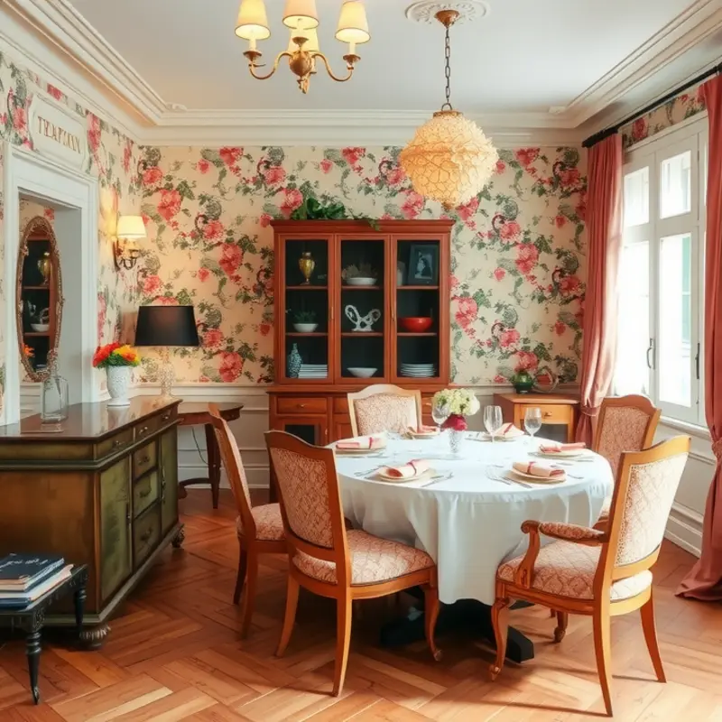 A cozy dining room enhanced with temporary wallpaper and inviting decor.