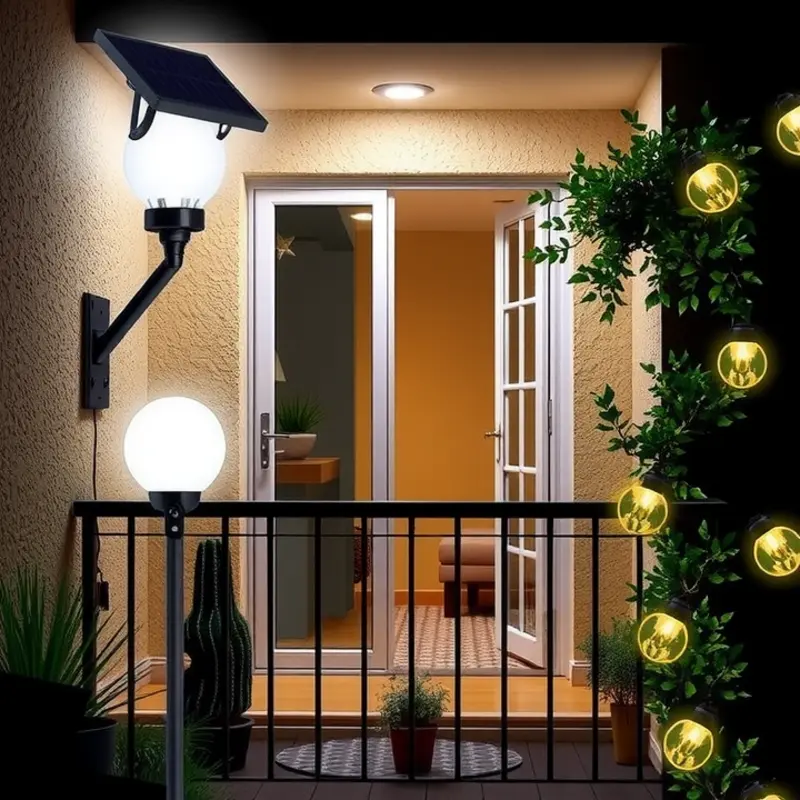 Diverse outdoor lighting options enhance security and ambiance on an apartment balcony.