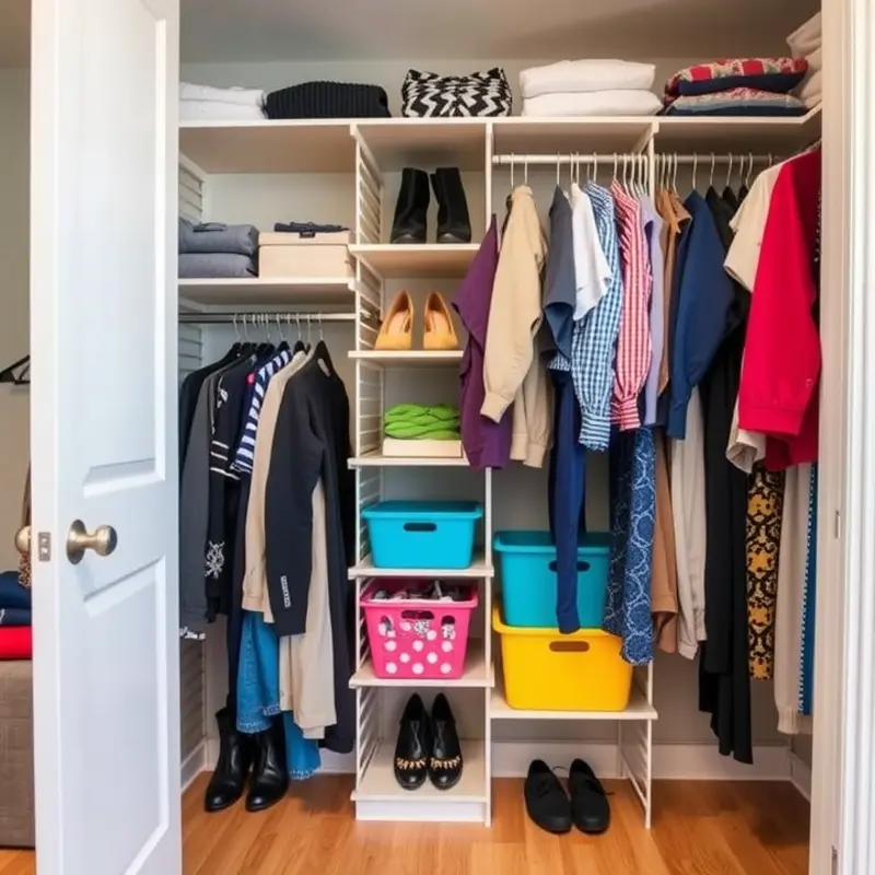 A stylish closet maximizing vertical space with organized clothing and accessories.