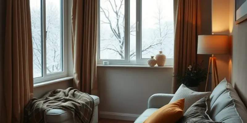 A winter apartment complex with snow-covered surrounding and glowing lights, presenting a safe atmosphere.