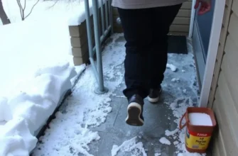 A snowy apartment complex with clear pathways and safety measures in place, showcasing a safe winter environment.