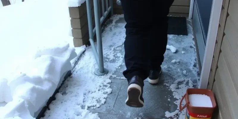 A snowy apartment complex with clear pathways and safety measures in place, showcasing a safe winter environment.