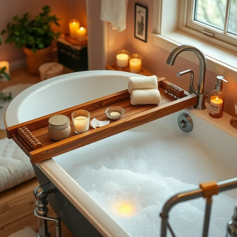 A custom wooden bath caddy enhances the bathing experience with storage and elegance.